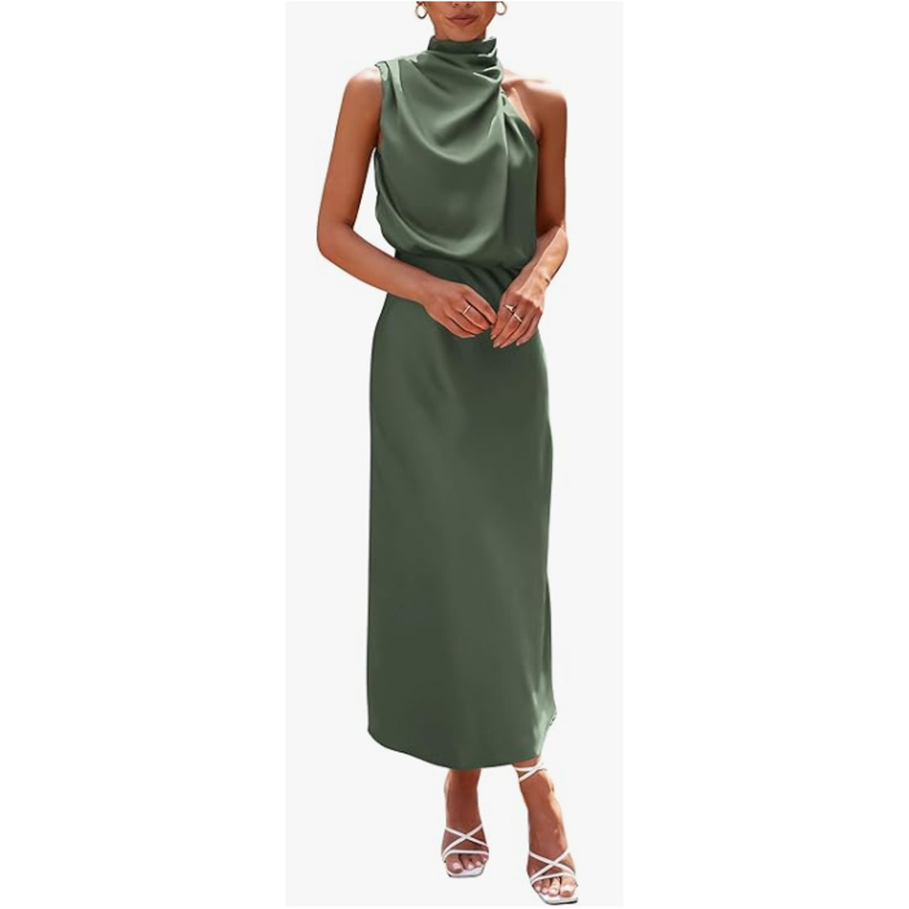 Pretty Garden Women's Size M Elegant Green Dress One Shoulder Mock Neck Midi NWT